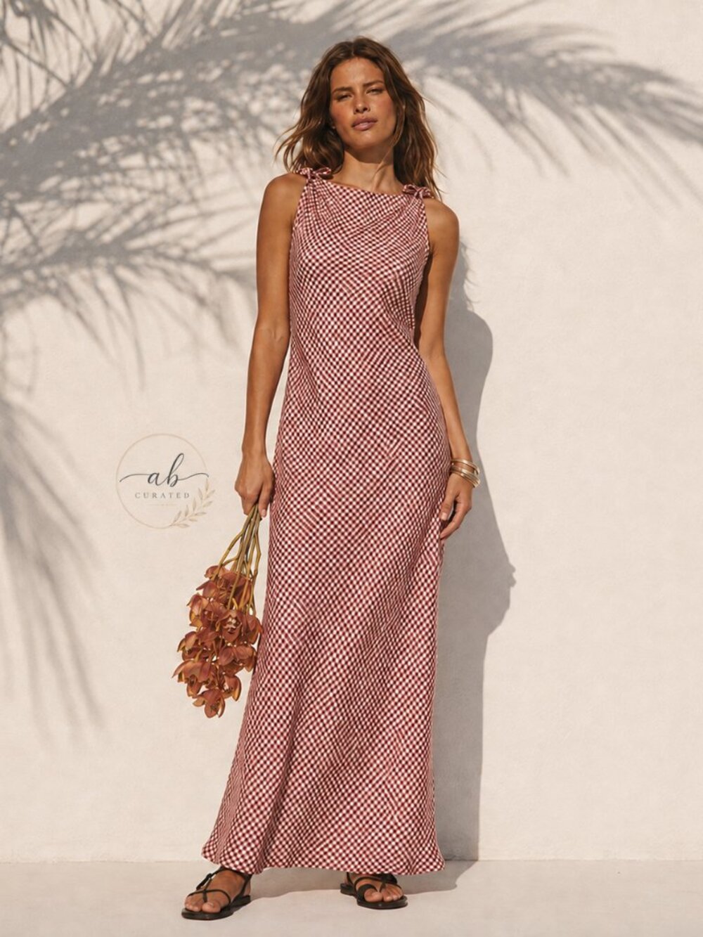 Caroline Constas Red Gingham Plaid Satin Tie Shoulder Maxi Dress Small NWT